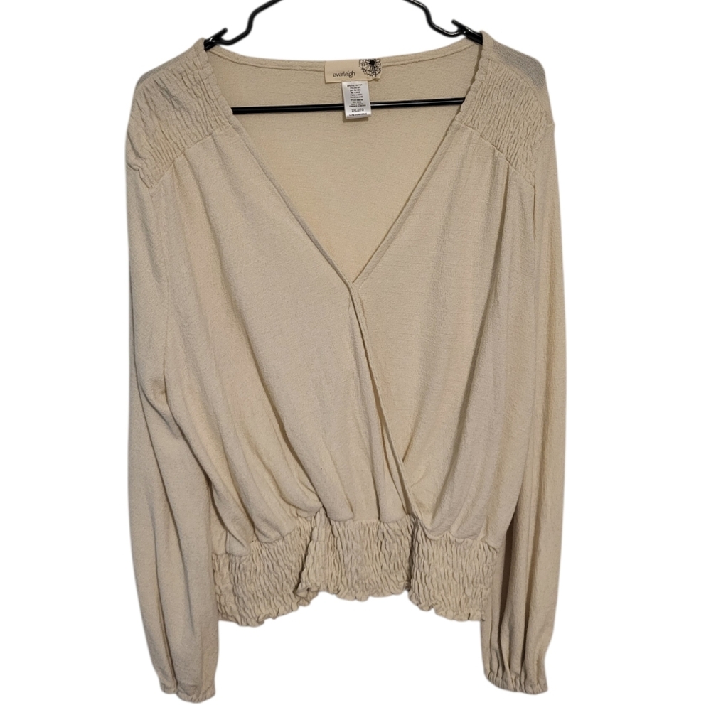 Everleigh Cream Wrap Front Smocked Cropped Long Sleeve Blouse, Plus Size 2XL NEW